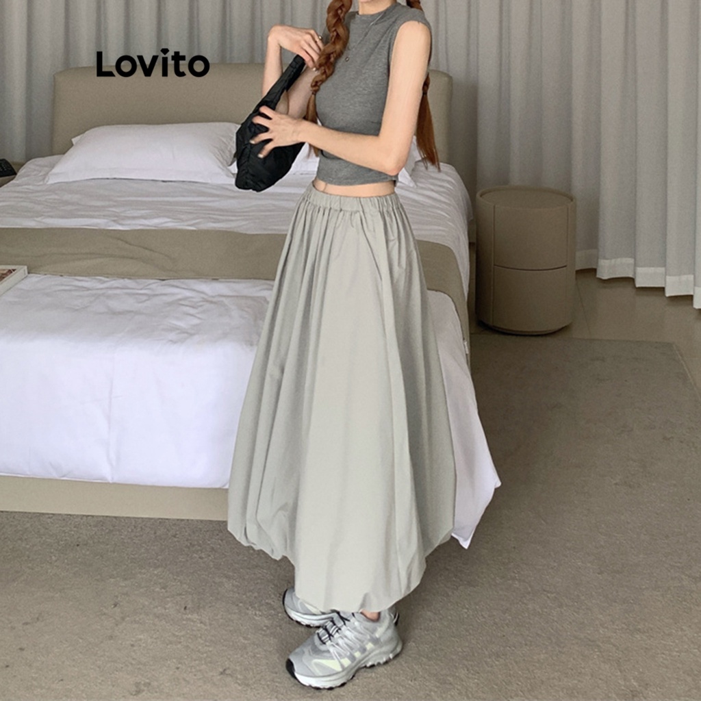 Lovito Váy maxi chữ A trơn đơn giản cho nữ LNE15103 (Xám)