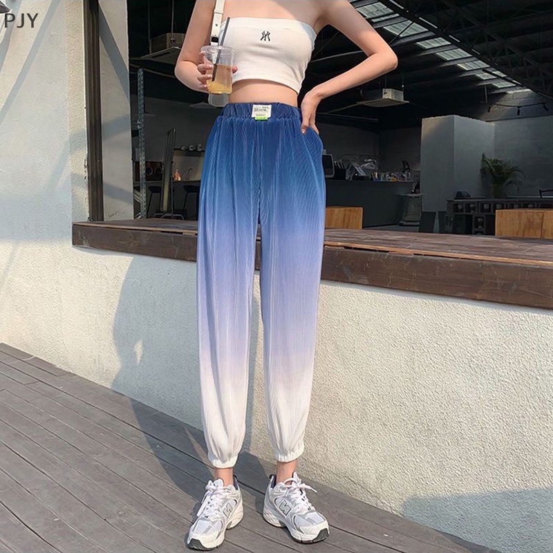 Quần Legging Lụa Xếp Ly Ống Rộng Lưng Cao Màu Sắc Gradient