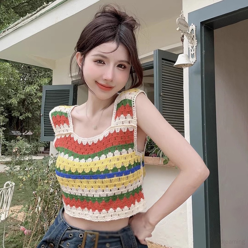 Áo Croptop Dệt Kim Hai Dây Cổ Vuông Họa Tiết Kẻ Sọc Cầu Vồng Phong Cách Cổ Điển Thời Trang Mùa Hè Cho Nữ