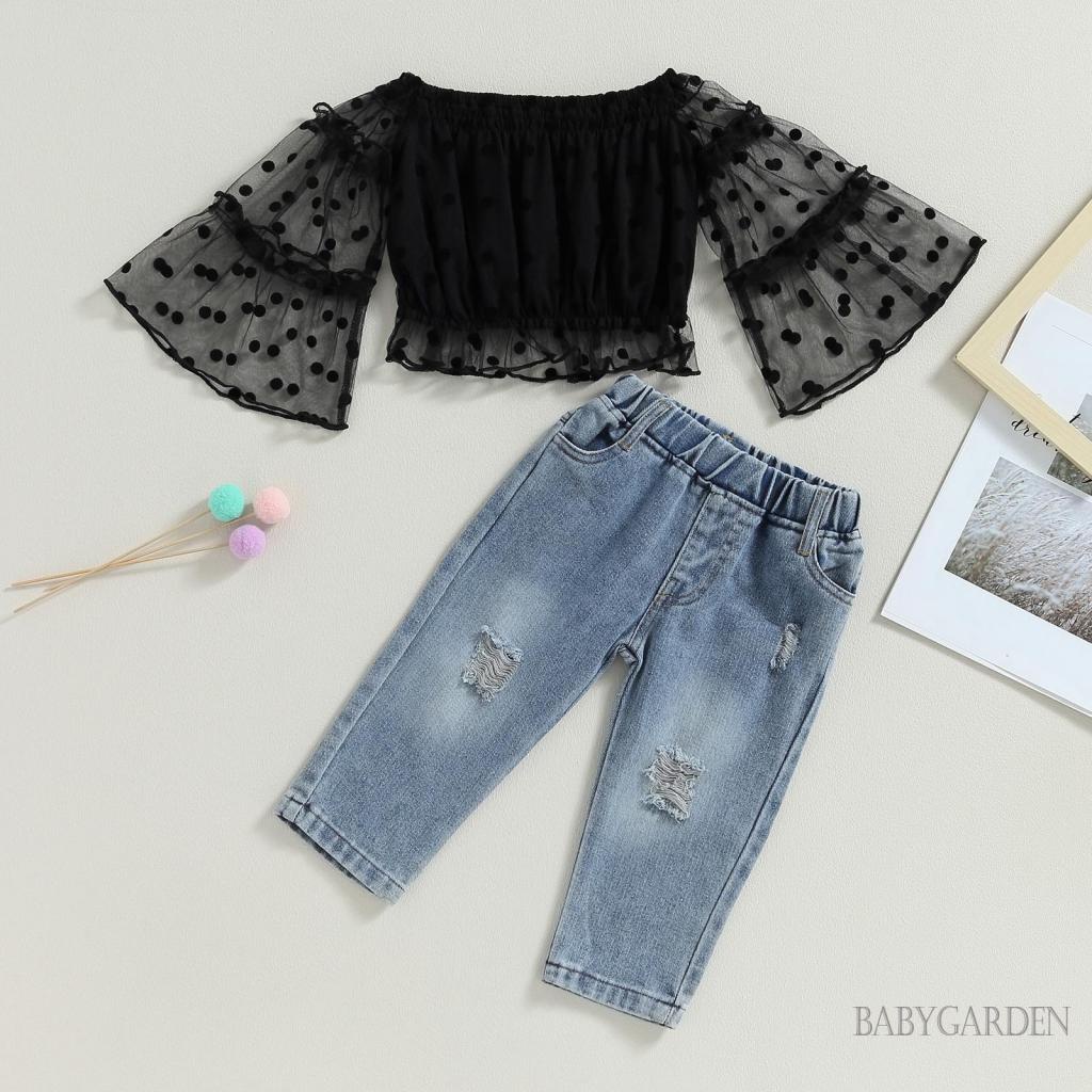 Set Đồ Gồm Áo Tay Dài Trễ Vai In Họa Tiết Chấm Bi + Quần Jeans Rách Thời Trang Cho Bé Gái 1-5 Tuổi