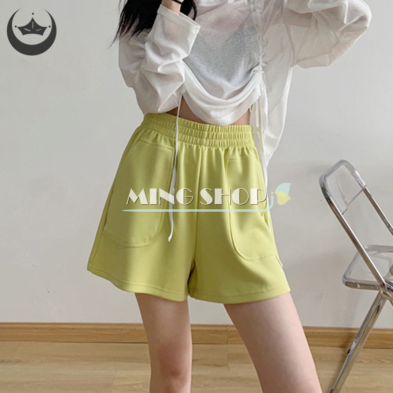 Quần Short Cotton Ống Rộng Lưng Cao Màu Sắc Đơn Giản Dành Cho Nữ