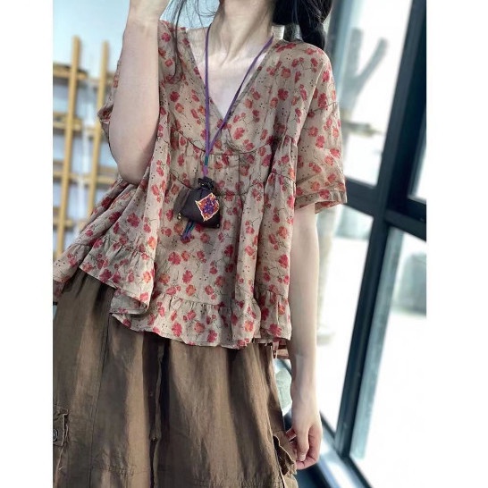 Áo Sơ Mi Cotton Lanh Mỏng Tay Ngắn Cổ Chữ v Ghép Vải Hoa Phong Cách Dân Tộc Hàn Quốc Mùa Hè Cho Nữ