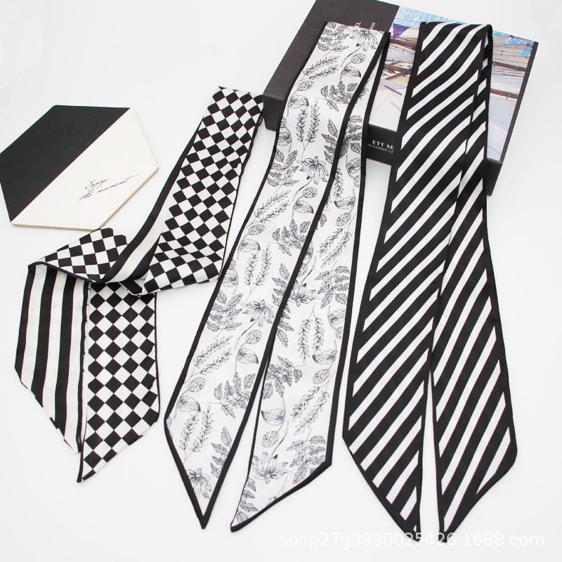 Khăn Quàng Cổ Dài Thắt Nơ Ruy Băng Đen Trắng Bằng Lụa