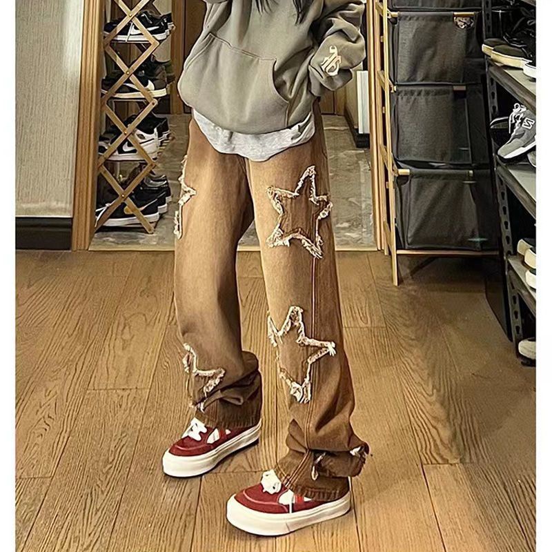 Quần Jean Ống Rộng Dáng Suông Màu Nâu Ngôi Sao Năm Cánh Phong Cách Retro Mỹ M4WJ Dành Cho Bạn Nữ