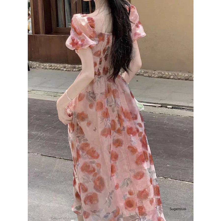 Sugemiusi Đầm Công Chúa Cổ Vuông Nhấn Eo Họa Tiết Hoa Nhí Xinh Xắn Phong Cách Pháp Thời Trang Mùa Hè Cho Nữ