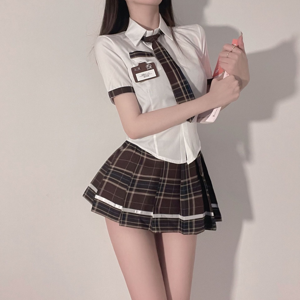 Bộ Đồng Phục Nữ Sinh Gồm Chân Váy Ngắn Xếp Ly Kẻ Sọc Ca Rô Trẻ Trung Quyến Rũ