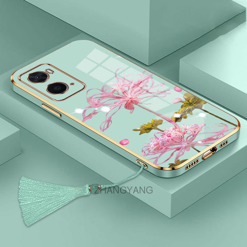 ốp lưng oppo a96 a36 a76 4g Ốp Điện Thoại Silicon TPU Mềm Mạ Điện Họa Tiết Hoa Có Dây Đeo Tua Rua Ch