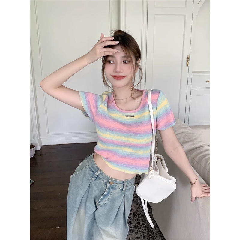 Áo Thun Croptop Dệt Kim Kẻ Sọc Cầu Vồng Xinh Xắn Cho Nữ