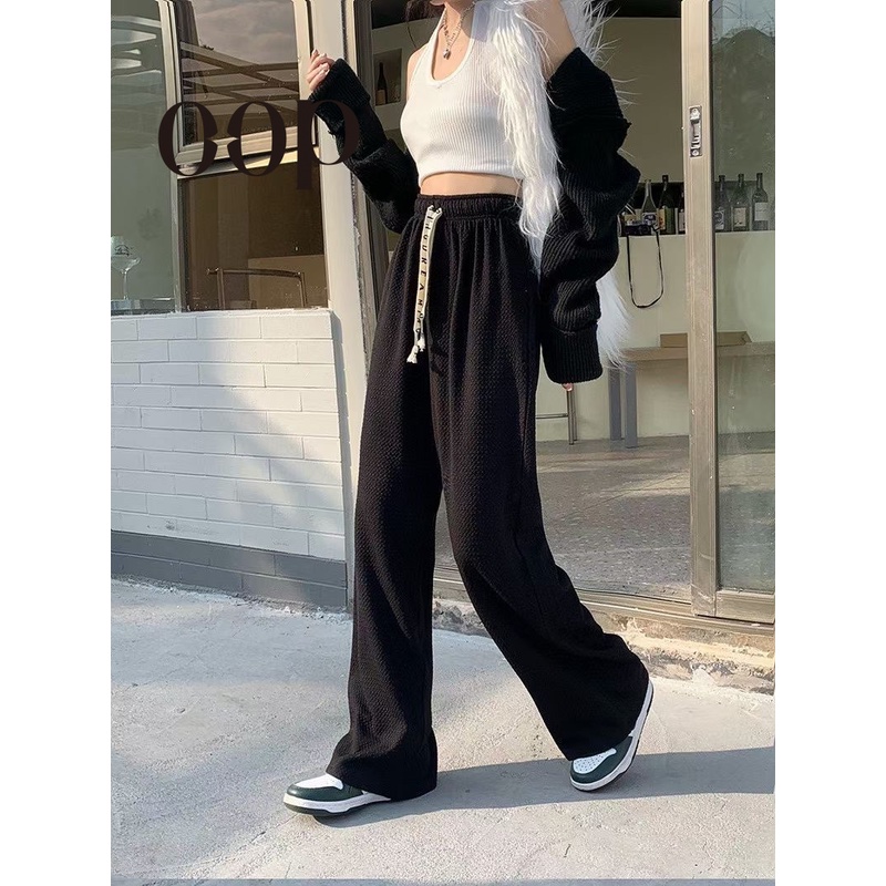 Quần Ống Rộng Lưng Cao Dây Rút In Chữ Phong Cách Mới HZFWC7057