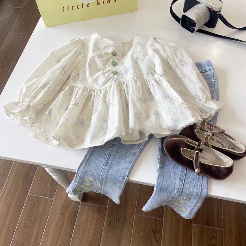 Set Đồ Mùa Xuân 2023 Gồm Áo Sơ Mi Hoa Phong Cách Hàn Quốc + Quần Denim Hợp Thời Trang Cho Bé Gái
