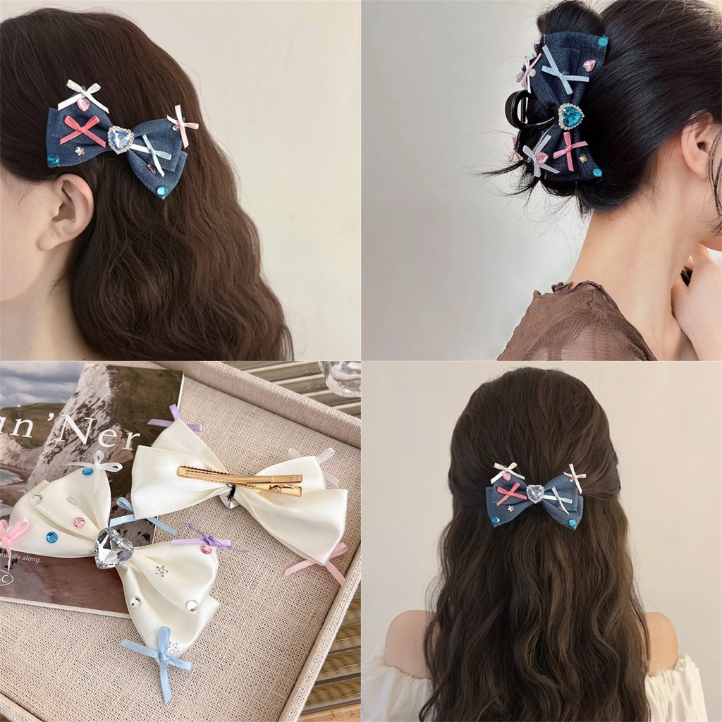 Kẹp Tóc Hình Nơ Đính Đá Xanh Dương Chất Liệu Denim Thời Trang Cho Nữ