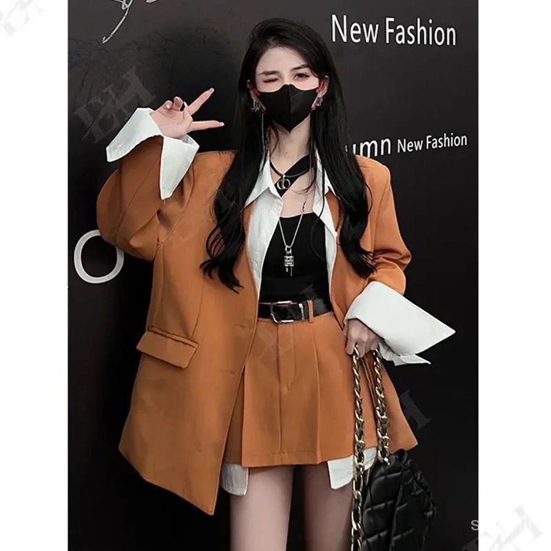 Two-piece suit Korean style women's new stitching fake two-piece suit jacket belt stitching skirt pants ins style suit