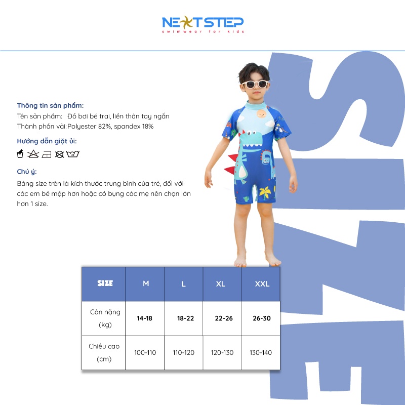 Đồ bơi bé trai, liền thân tay ngắn chất vải co giãn họa tiết khủng long phù hơp cho bé từ 14kg đến 30kg