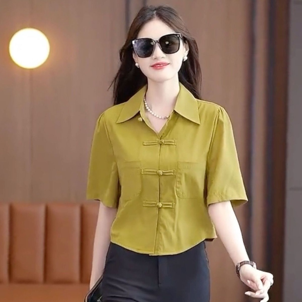 Hàng Có Sẵn Áo Sơ Mi Ngắn Dáng Rộng Mỏng Cài Nút Đĩa Phong Cách Trung Hoa Thời Trang Mới 2023