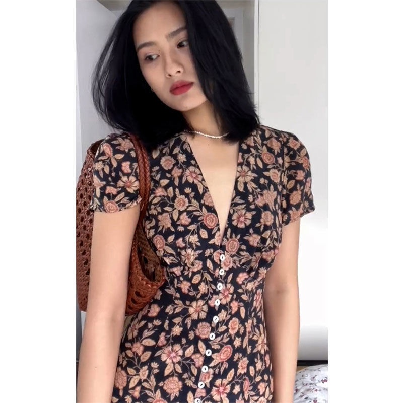 Đầm Hoa Nâu Phong Cách Retro Pháp Thanh Lịch Mùa Hè 2023 Cho Nữ