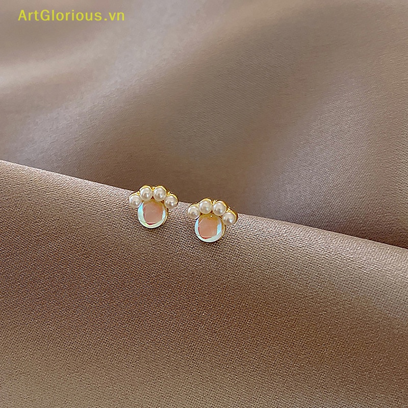 1 Cặp Bông Tai Hình Dấu Chân Mèo Đính Ngọc Trai Giả Dễ Thương Phong Cách Hàn Quốc Dành Cho Nữ