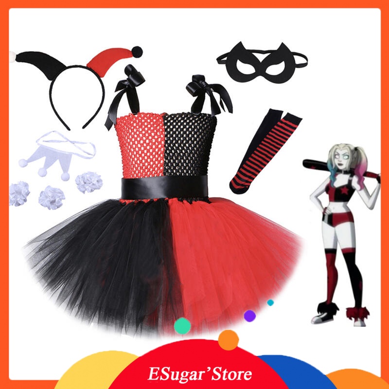 Harley quinn cosplay trang phục cho bé gái chú hề joker tutu dress cho trẻ em cô gái với băng đô vớ màu đen đỏ tiệc sinh nhật vestido