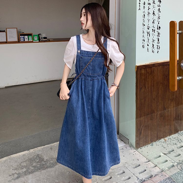 Set Áo Thun Ngắn Tay + Đầm Yếm Denim Dây Rút Thời Trang Nữ Tính