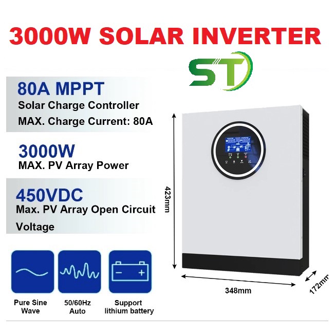 [Siêu Sale] Bộ đổi điện đa dụng 3kW Hybrid Inverter-24V điện áp cao PV 90V-450V sạc MPPT 80A sạc AC 