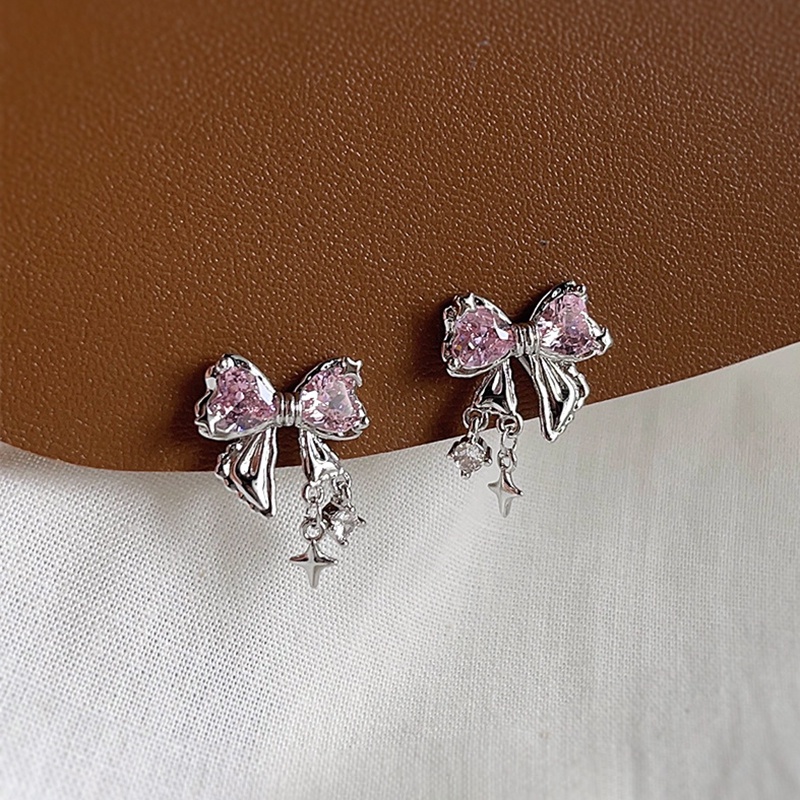 High-end pink bow stud earrings hoa tai tinh tế yr