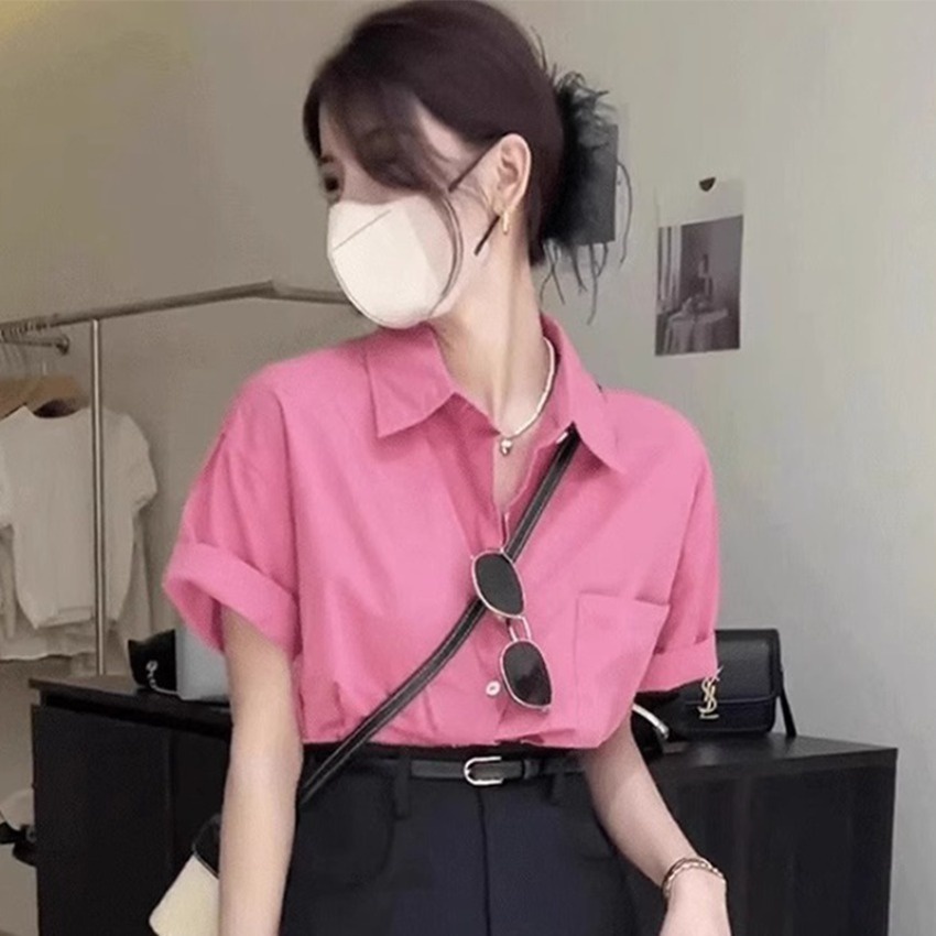 Xj-áo Sơ Mi Tay Ngắn Dáng Rộng Màu Hồng Phong Cách Hàn Quốc Thời Trang Mùa Hè Cho Nữ