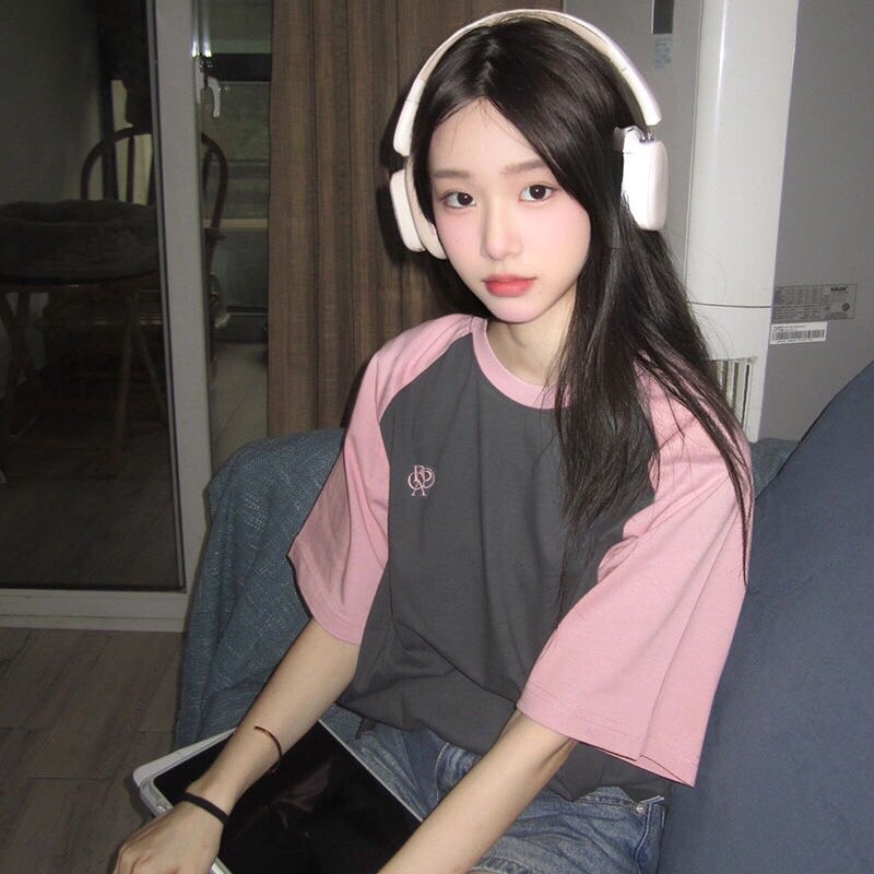 Áo Thun Baby Tee  phối tay Hồng form rộng tay lỡ phong cách Ulzzang