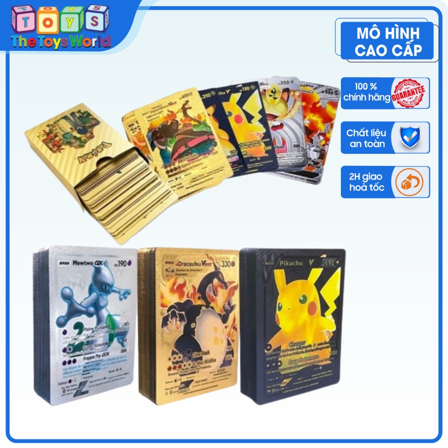 Bộ 110 thẻ bài Pokemon mạ kim loại Bạc, Vàng, Đen chính hãng siêu hiếm, dày dặn cứng cáp siêu bền