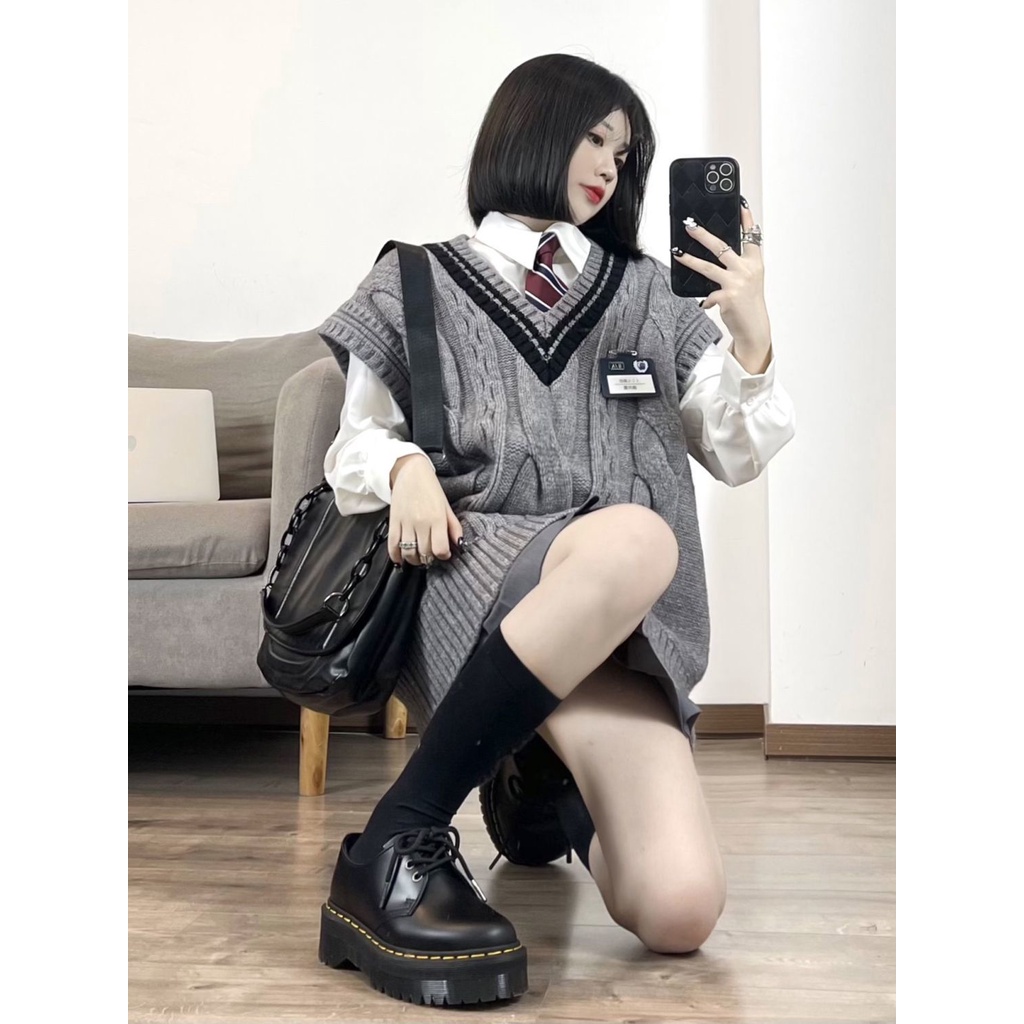 Set Áo Sơ Mi Dài Tay Và Áo Len Không Tay Phong Cách Hàn Quốc Mới