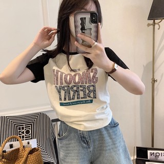 Áo Thun cotton Ngắn Tay Cổ Tròn Dáng Rộng In Họa Tiết Tương Phản Cá Tính Cho Nữ