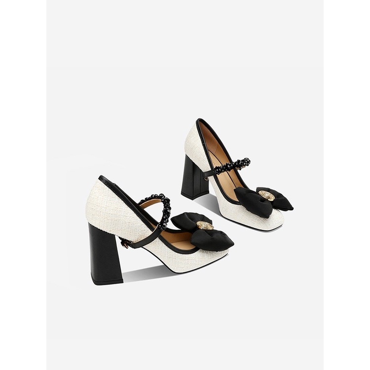 Giày Cao Gót Da PU Miệng Nông Đính Nơ Dễ Thương Cho Nữ