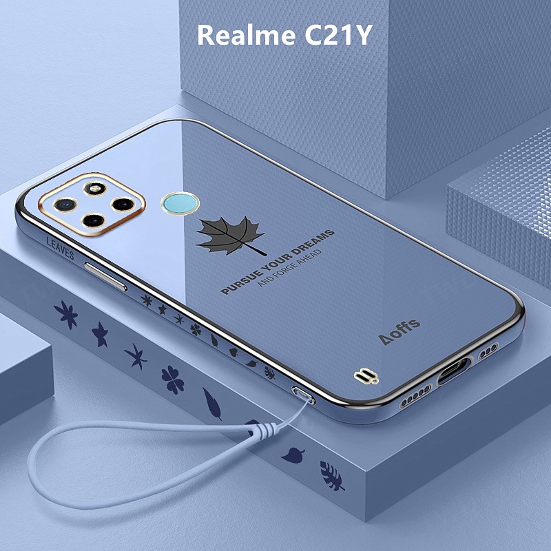 Ốp Lưng Realme C21Y Mạ điện Lá phong Lanyard Mềm Ốp Điện Thoại Realme C21Y
