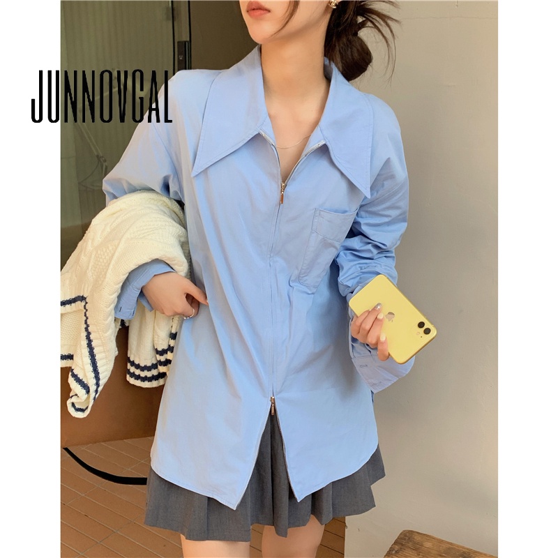 Junnovgal women 2023 thời trang mới áo sơ mi xanh cao cấp của pháp với áo sơ mi dài sang trọng