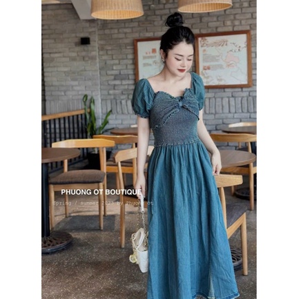 Bigsize Đầm jeans maxi nhún nơ ngực 55-95kg