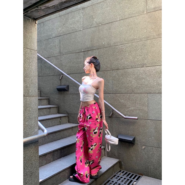 Quần Dài Thể Thao Ống Rộng Lưng Thun Rút Dây In Họa Tiết Hoạt Hình Thời Trang Mùa Hè Cho Nữ