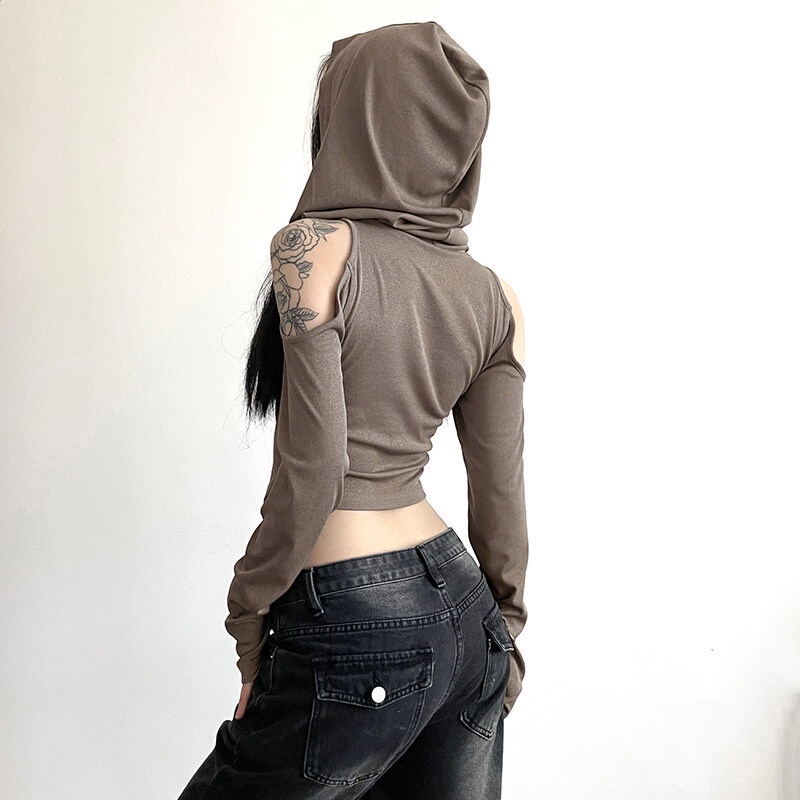 Kliou Áo Croptop Có Mũ Trùm Đầu Tay Dài Khoét Lỗ Kiểu Dáng Đơn Giản Thời Trang vintage Dành Cho Nữ