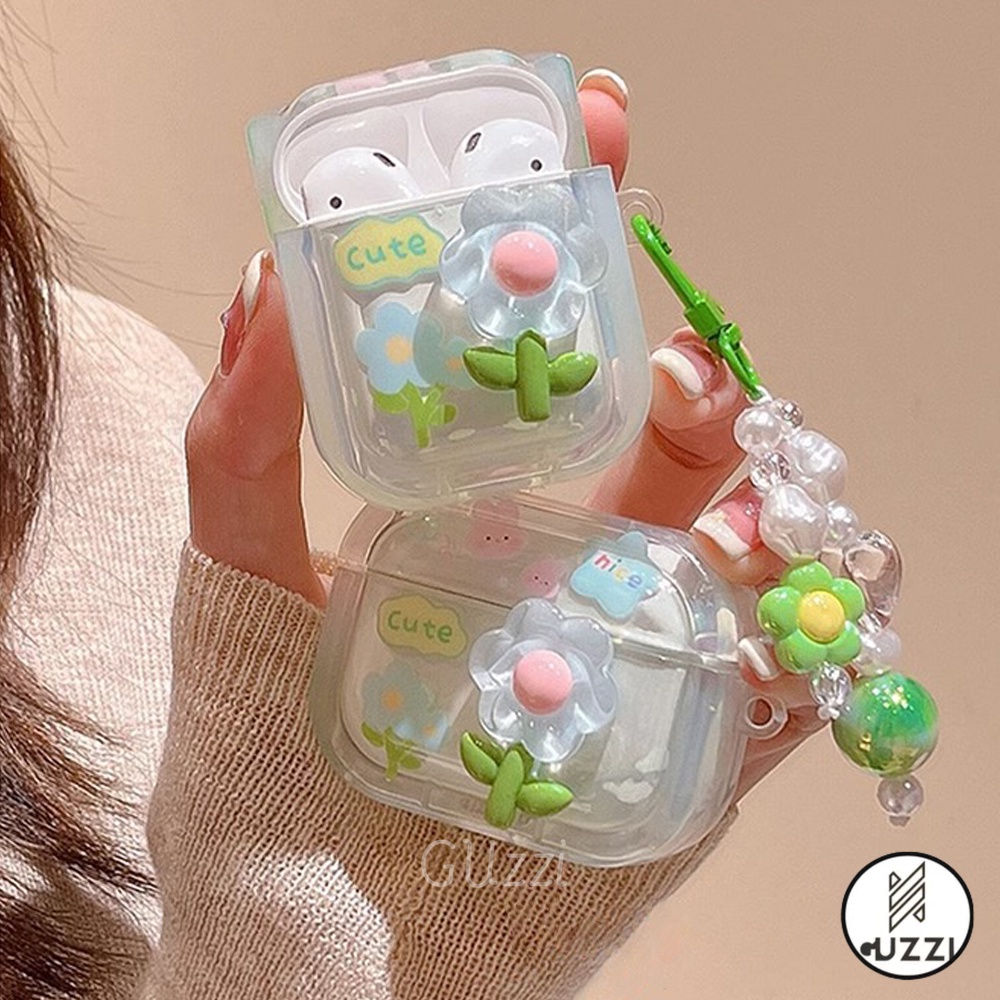 Vỏ Tai Nghe Hoa 3D Cho Airpods 1 2 3 Vỏ Bảo Vệ Trong Suốt Cho Airpods Pro 2 Bead Lanyard Hộp đựng Tai Nghe Không Dây