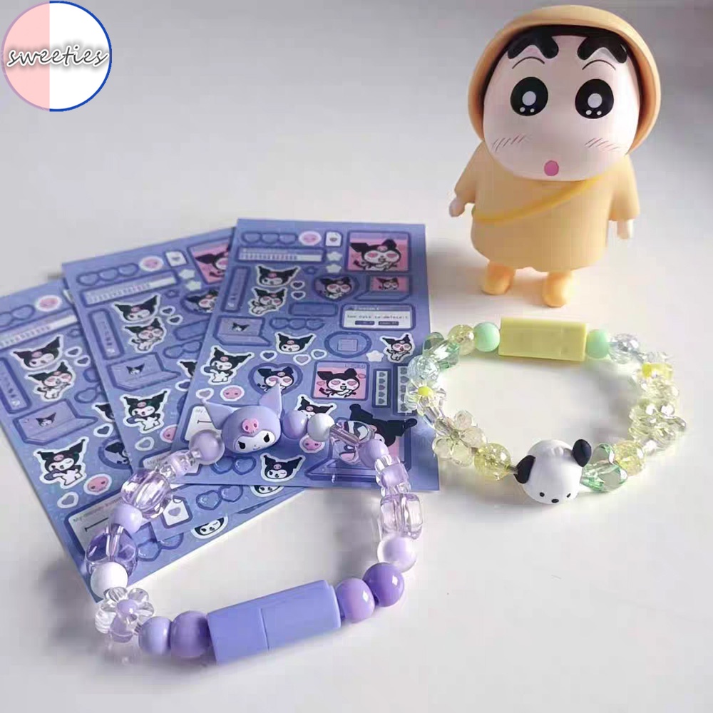 2 trong 1 sanrio kuromi phim hoạt hình hạt dễ thương sạc dữ liệu cáp usb vòng đeo tay phù hợp với ios type-c