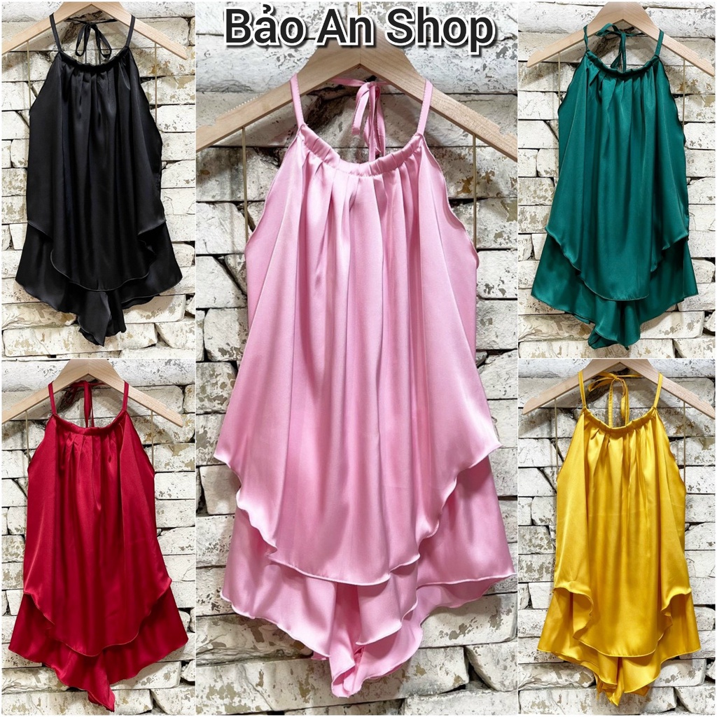 Sét đồ bộ nữ mặc nhà áo kiểu yếm hở lưng kàm quần đùi lưng thun chất vải phi lụa bóng mềm mịn mát hot
