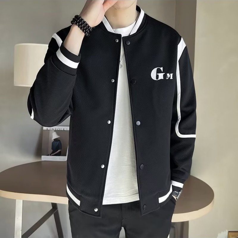 Áo khoác nam đa năng giản dị tiêu chuẩn mới mùa xuân và mùa thu dài tay trẻ trung hợp thời trang nam cổ áo bóng chày thanh lịch single-breasted in sọc dài tay