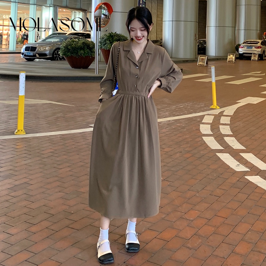 Molasome women 2023 thời trang mới màu rắn tay áo dài v cổ ôm vừa vặn váy maxi