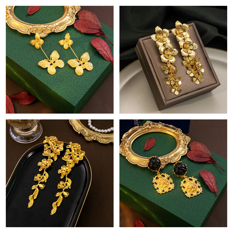 Âu mỹ retro three-dimensional flower tassel earrings, medium and high-end, exaggerated leaf earrings