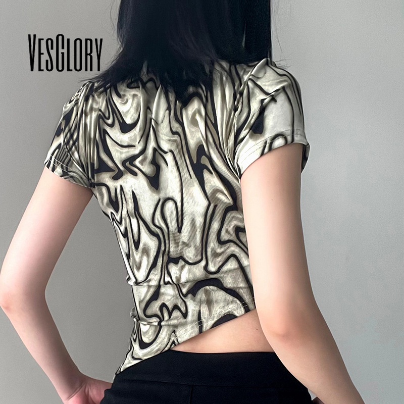 Áo thun croptop nữ VESGLORY bất đối xứng cổ cao tay ngắn in chữ phối màu tương phản thời trang 2023