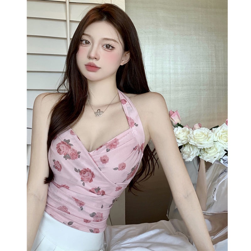 Áo Hai Dây Mùa Hè Dáng Ngắn In Họa Tiết Phong Cách Pháp Thanh Lịch Cho Nữ