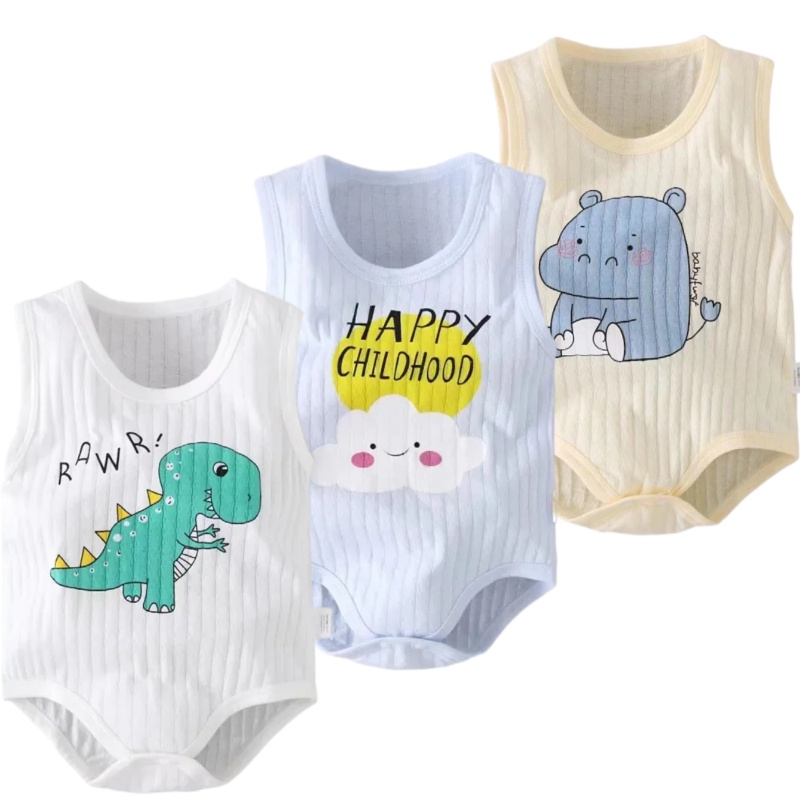 Phim hoạt hình cotton 3 cái sơ sinh romper không tay one-piece bé trai cô gái tay ngắn áo liền quần vest 0-24m