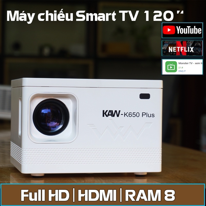 Máy chiếu mini Kaw K650 Plus - Hàng Chính Hãng, Độ Phân Giải 1080P, Âm Thanh Audio Sắc Nét, Bảo hành 1 đổi 1
