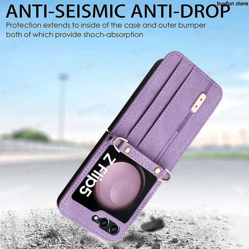 Shockproof Card Slot Leather Case for Samsung Galaxy Z Flip 5 5G zflip5 Anti-Scratch Protective Phone Cover with Lanyard