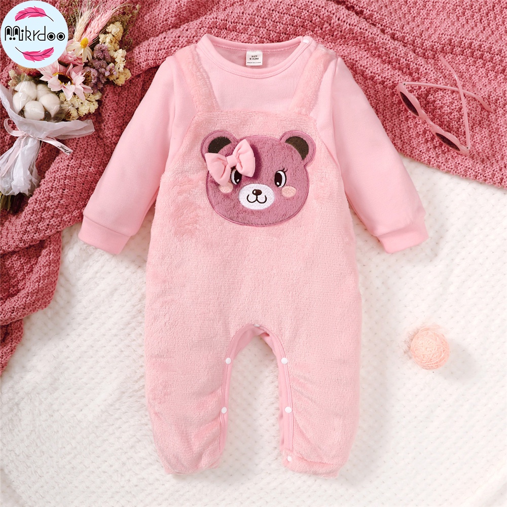 Sơ sinh bé gái mùa thu hàng ngày bodysuit gấu hồng in áo dài tay romper Áo liền quần quần áo