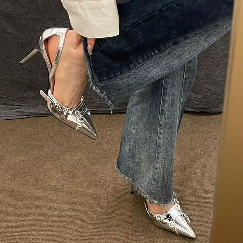 Silver-toned point-toe heels thời trang nữ dép punk đa năng buckled strappy stiletto heels