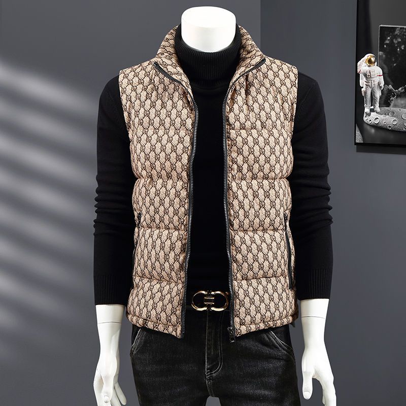 Stand-up cổ áo dày ghi lê nam phong cách hồng kông retro slim fit mùa thu và mùa đông in áo ghi lê quá khổ ấm áp