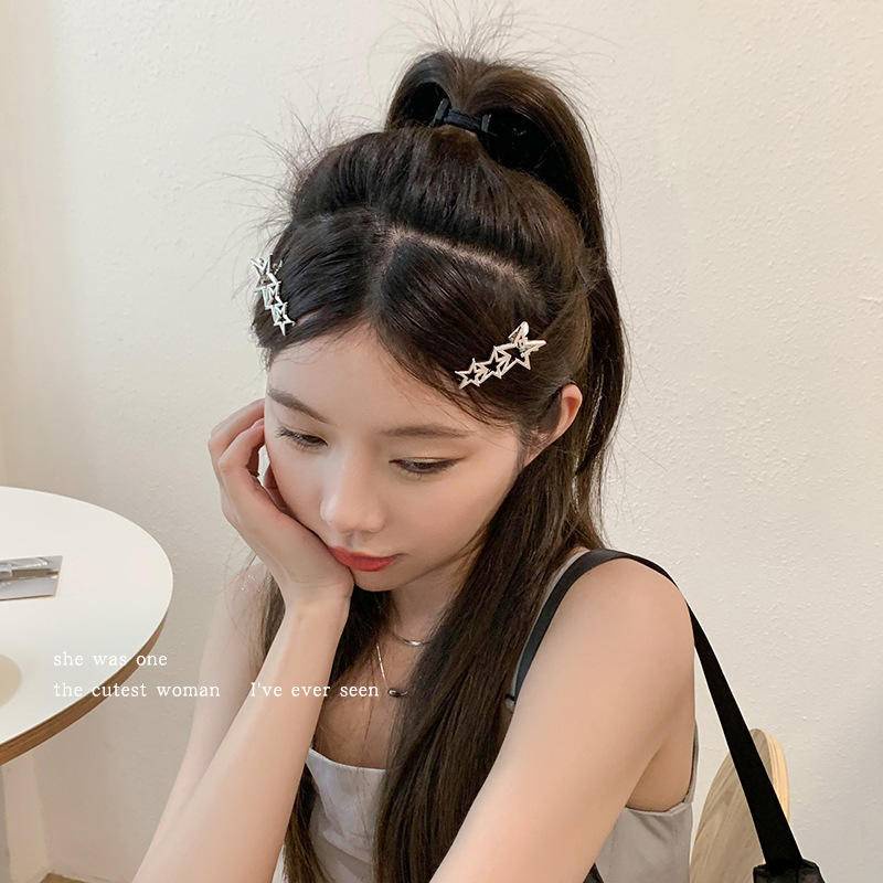 Ngọt ngào mát mẻ y2k bạc kim loại ngôi sao nhỏ kẹp tóc bên hông của phụ nữ tóc mái năm-điểm ngôi sao kẹp tóc vịt mỏ kẹp đầu